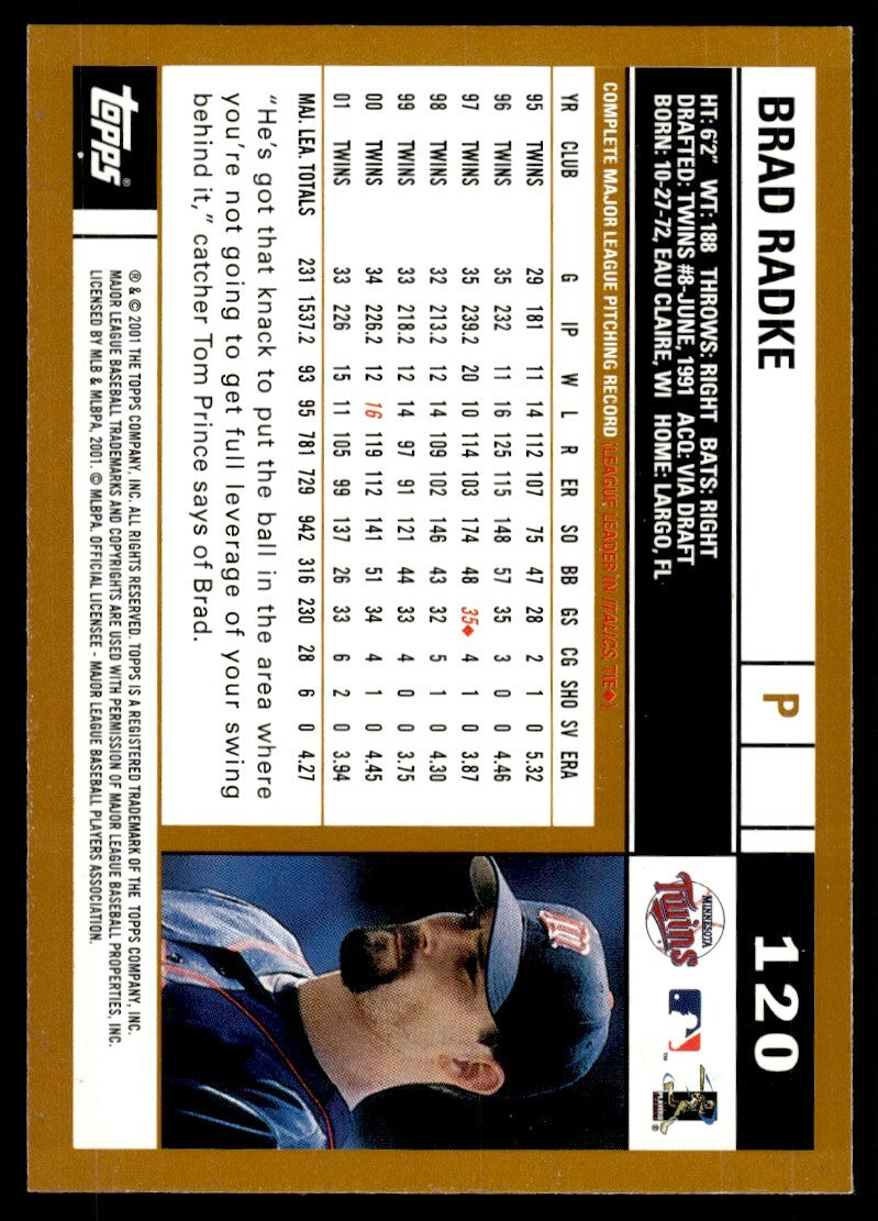 2002 Topps Baseball Card Brad Radke A Minnesota Twins #120