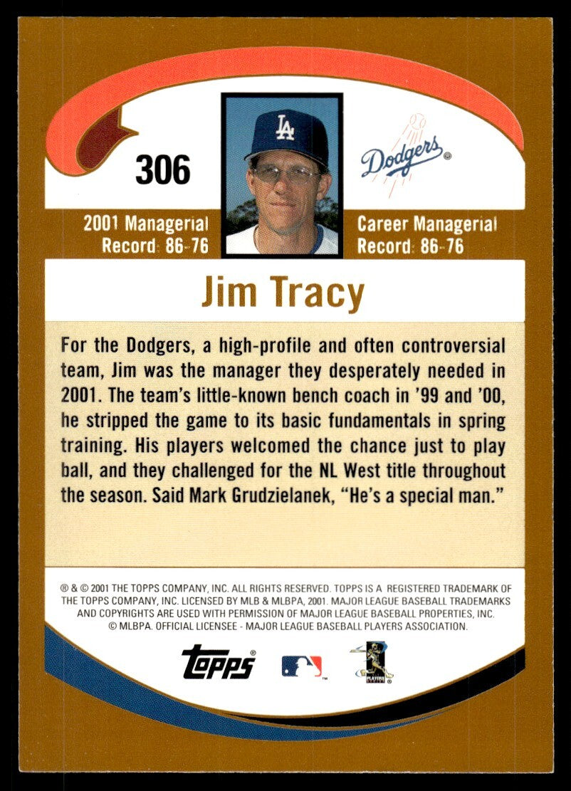 2002 Topps Baseball Card Jim Tracy BB Los Angeles Dodgers #306