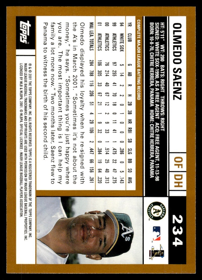 2002 Topps Baseball Card Olmedo Saenz AA Oakland Athletics #234