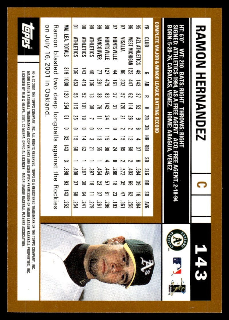 2002 Topps Ramon Hernandez Baseball Card Oakland Athletics #143