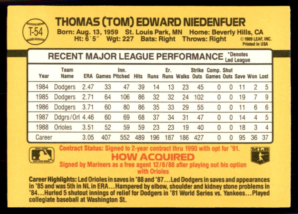 1989 Donruss Traded Tom Niedenfuer Baseball Cards #T-54