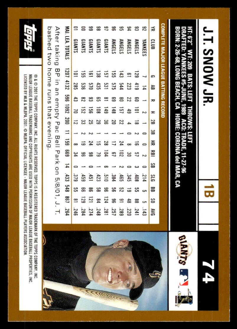 2002 Topps Baseball Card J.T. Snow Jr. ` San Francisco Giants #74