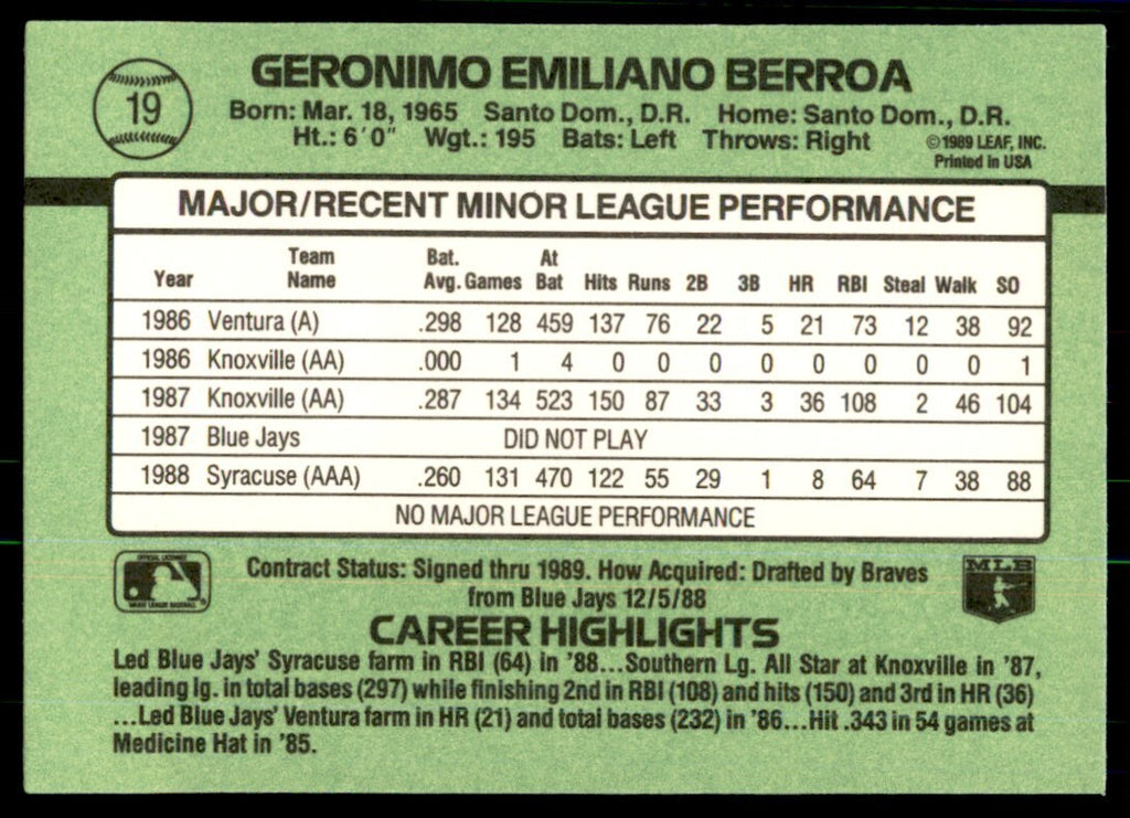 1989 Donruss The Rookies Geronimo Berroa Baseball Cards #19