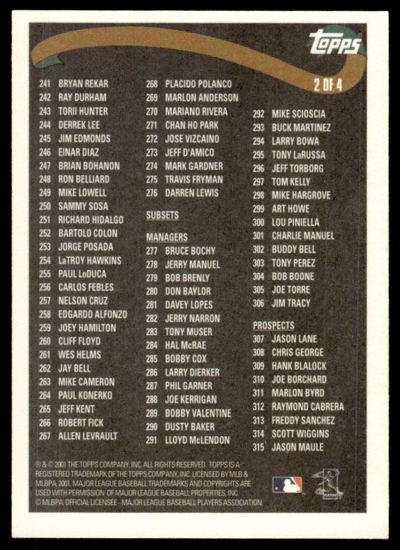 2002 Topps Baseball Card Series 1 Checklist 2 of 4 B