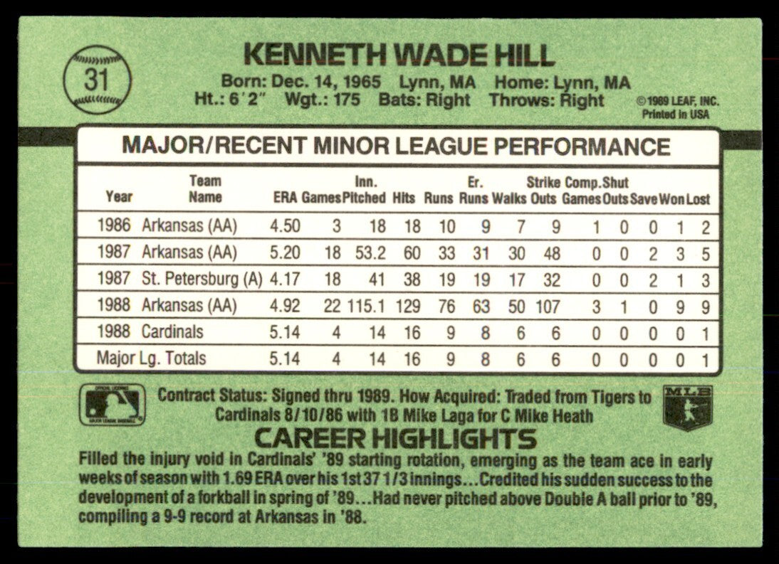 1989 Donruss The Rookies Ken Hill Baseball Cards #31