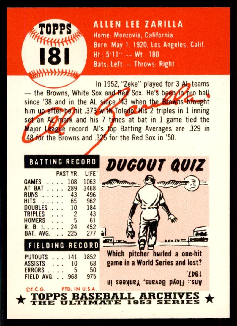 1991 Topps Archives 1953 Al Zarilla Baseball Cards #181