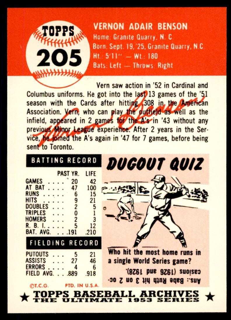 1991 Topps Archives 1953 Vern Benson Baseball Cards #205
