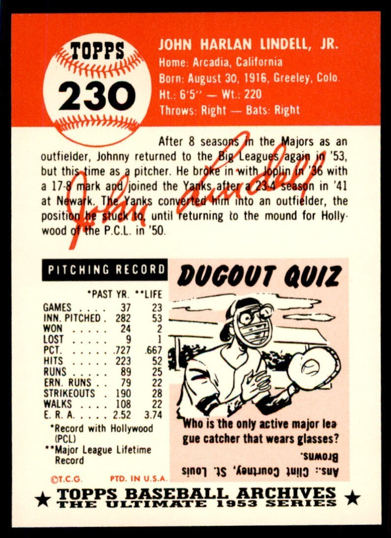 1991 Topps Archives 1953 Johnny Lindell Baseball Cards #230