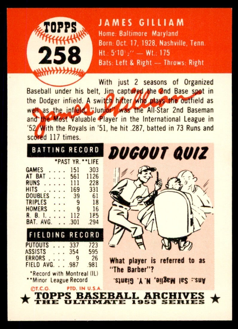 1991 Topps Archives 1953 Jim Gilliam Baseball Cards #258