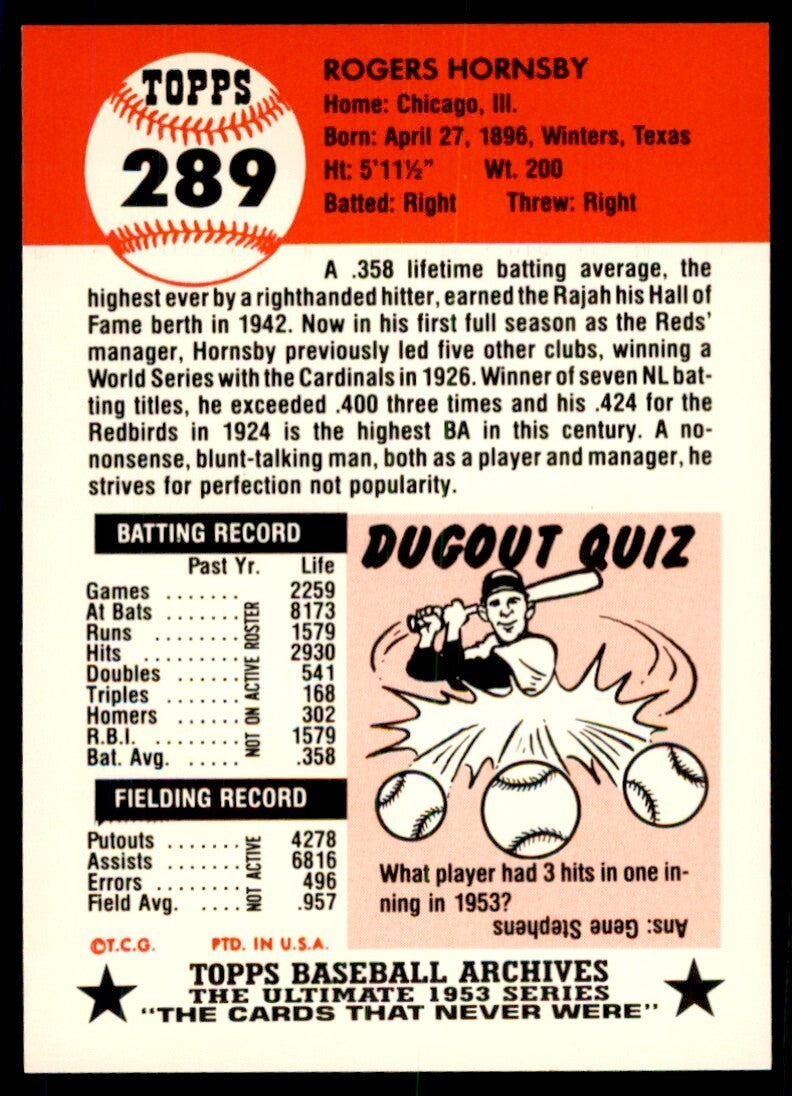 1991 Topps Archives 1953 Rogers Hornsby Baseball Cards #289