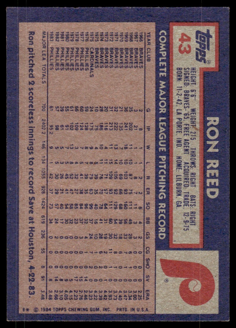 1984 Topps Ron Reed Philadelphia Phillies #43