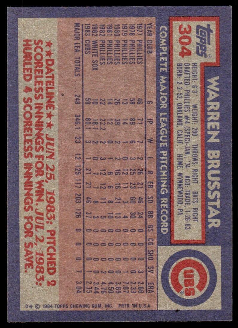 1984 Topps Baseball Card Warren Brusstar Chicago Cubs #304