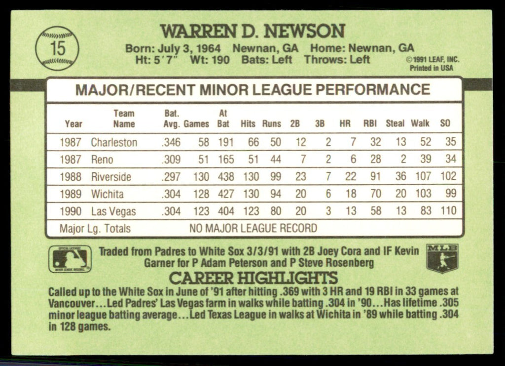 1991 Donruss The Rookies Warren Newson Baseball Cards #15