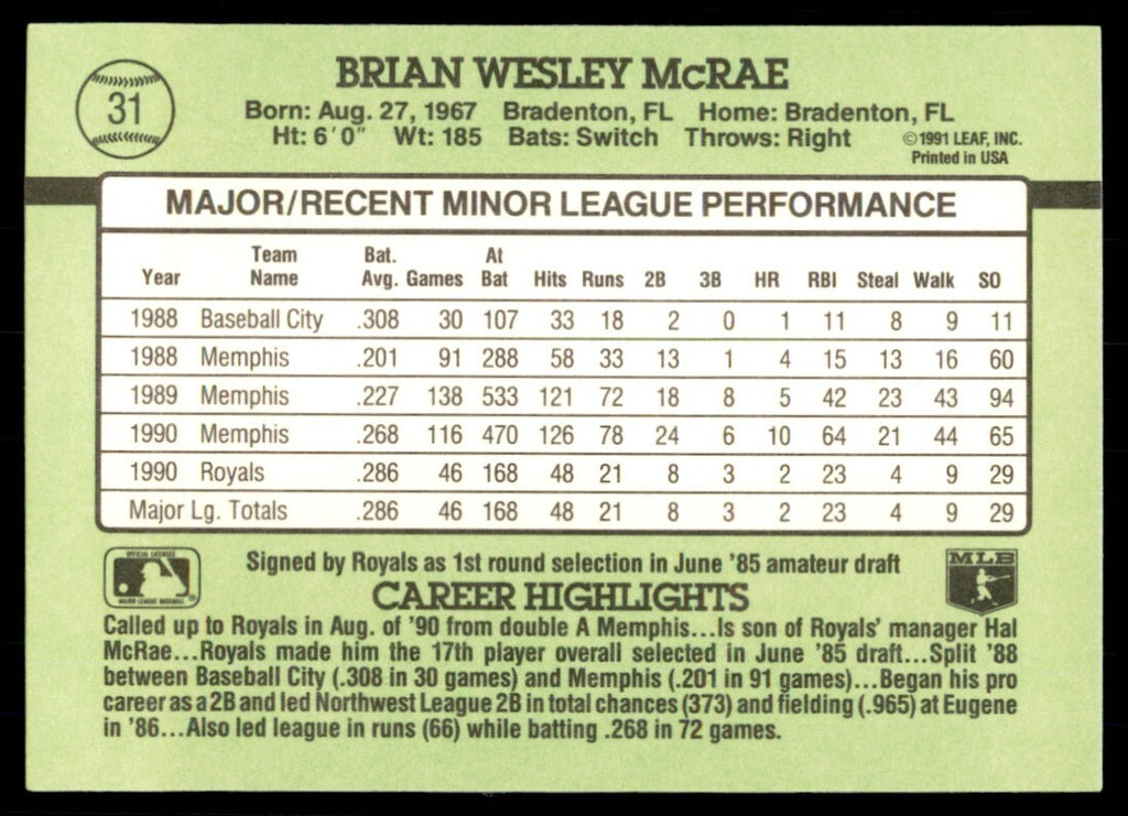 1991 Donruss The Rookies Brian McRae Baseball Cards #31