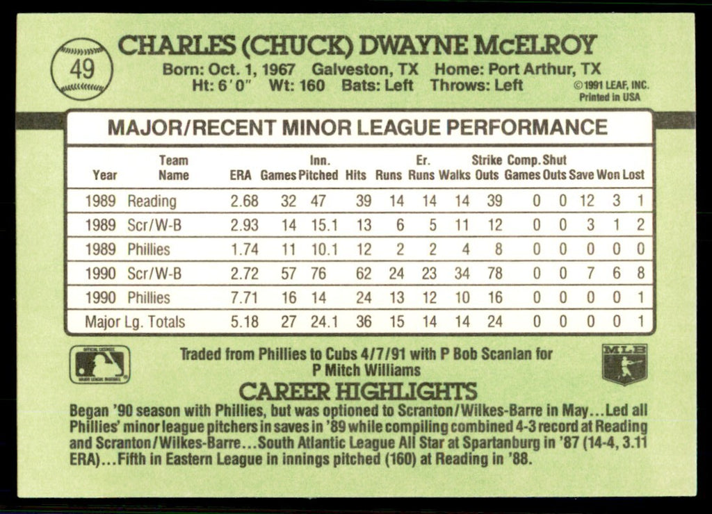 1991 Donruss The Rookies Chuck McElroy Baseball Cards #49