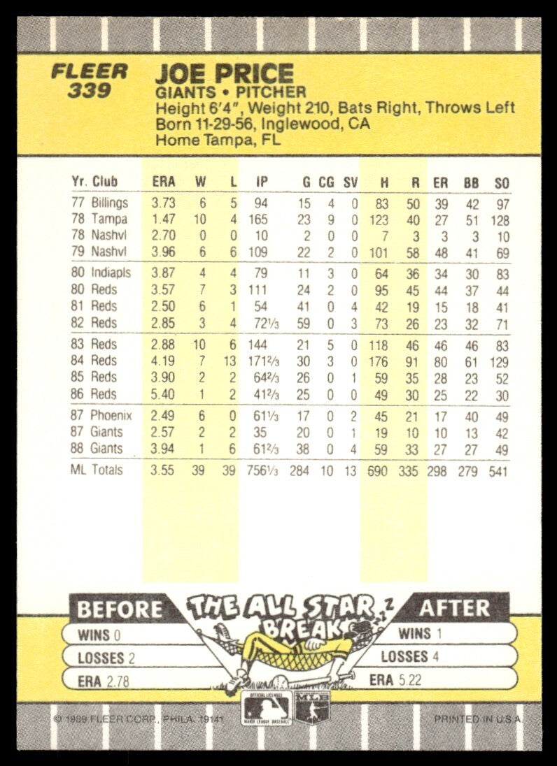 1989 Fleer Baseball Card Joe Price San Francisco Giants #339