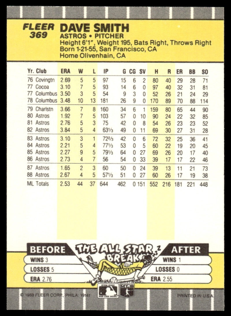 1989 Fleer Baseball Card Dave Smith Houston Astros #369