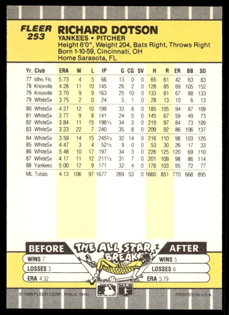 1989 Fleer Baseball Card Richard Dotson New York Yankees #253