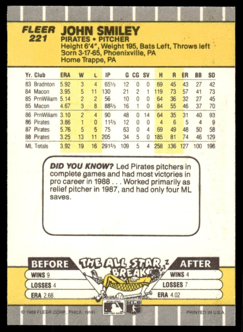 1989 Fleer Baseball Card John Smiley Pittsburgh Pirates #221