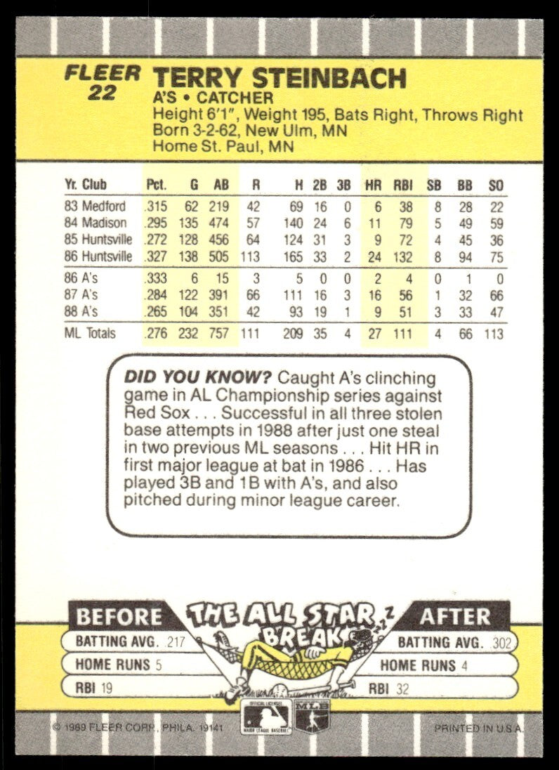 1989 Fleer Baseball Card Terry Steinbach Oakland Athletics #22