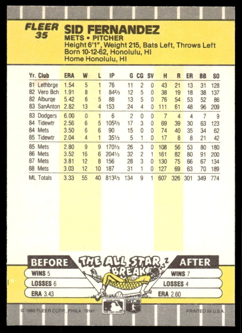 1989 Fleer Baseball Card Sid Fernandez New York Mets #35