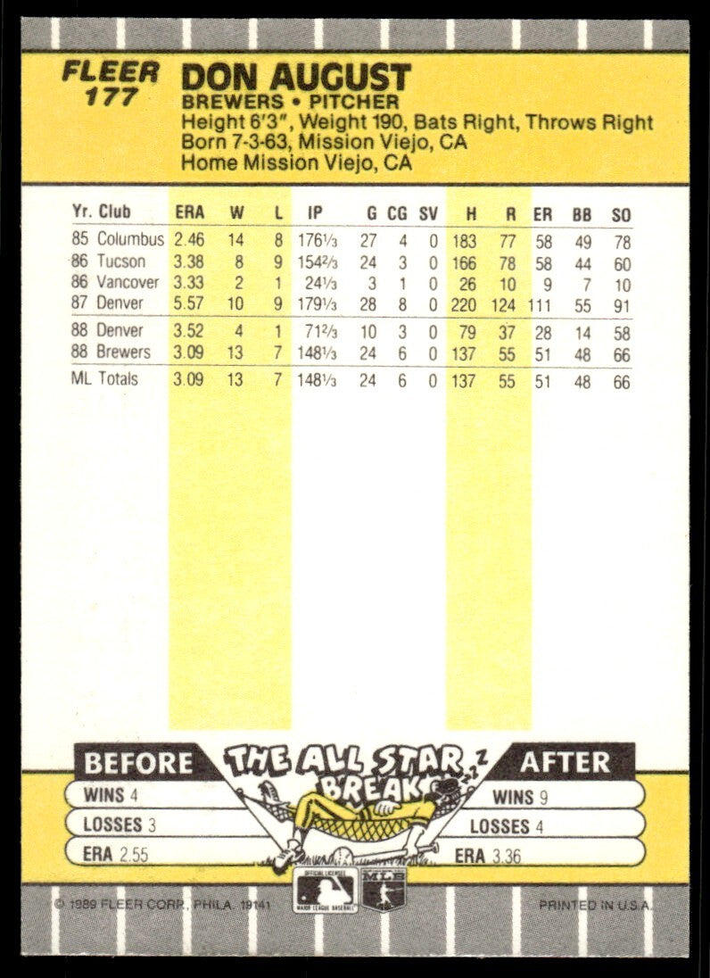 1989 Fleer Baseball Card Don August Milwaukee Brewers #177