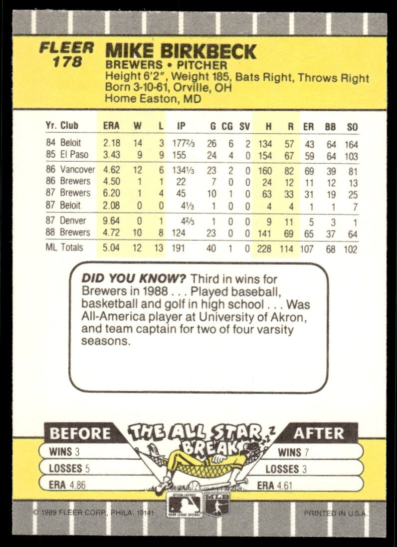 1989 Fleer Baseball Card Mike Birkbeck Milwaukee Brewers #178