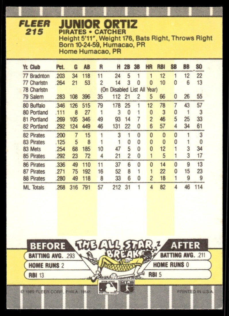 1989 Fleer Baseball Card Junior Ortiz Pittsburgh Pirates #215