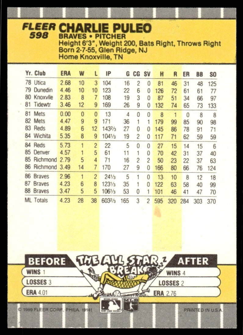 1989 Fleer Baseball Card Charlie Puleo Atlanta Braves #598