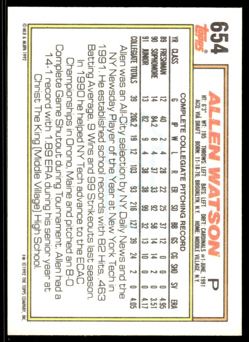 1992 Topps Baseball Card Allen Watson Rookie St. Louis Cardinals #654