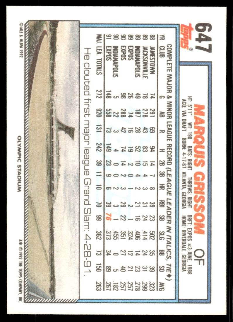 1992 Topps Baseball Card Marquis Grissom Montreal Expos #647