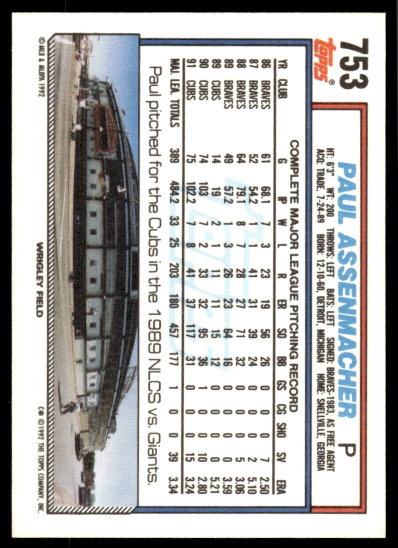 1992 Topps Baseball Card Paul Assenmacher Chicago Cubs #753