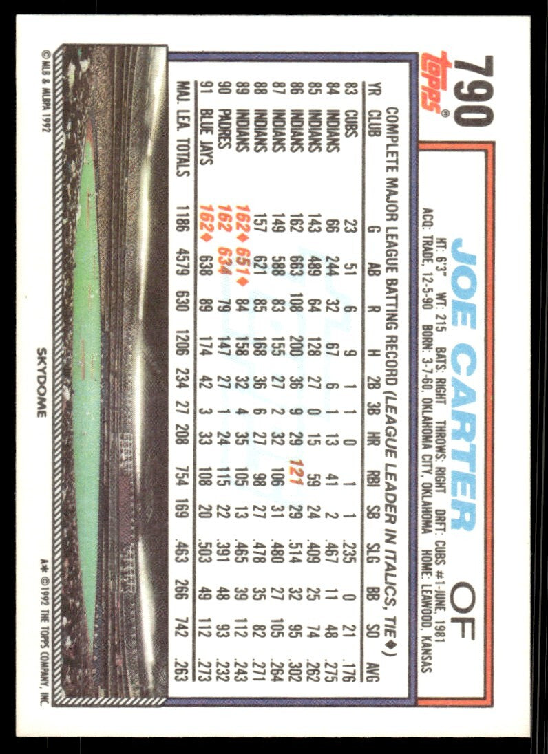 1992 Topps Baseball Card Joe Carter Toronto Blue Jays #790