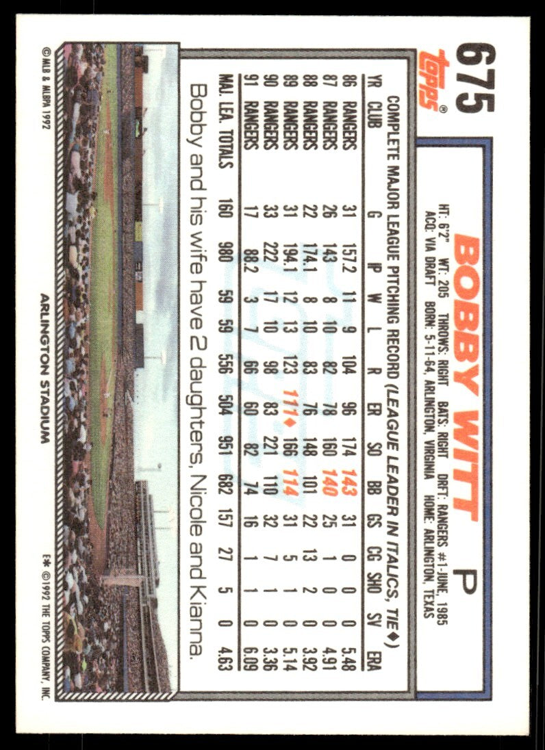 1992 Topps Baseball Card Bobby Witt Texas Rangers #675
