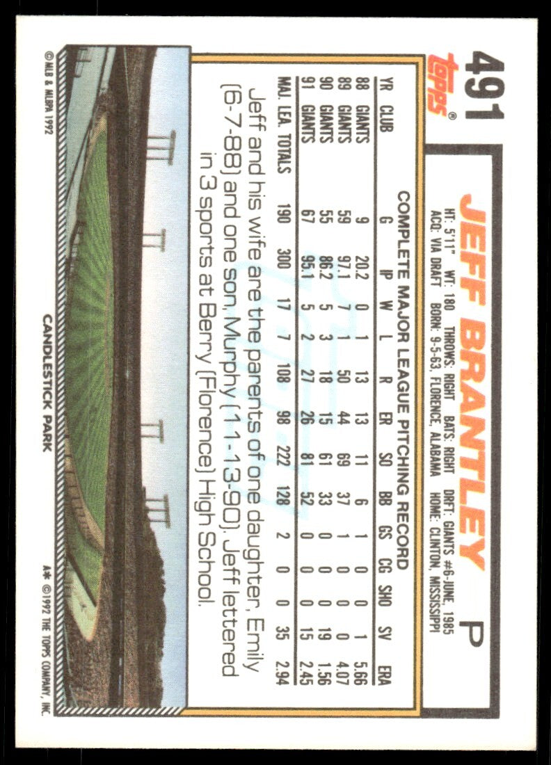 1992 Topps Baseball Card Jeff Brantley San Francisco Giants #491