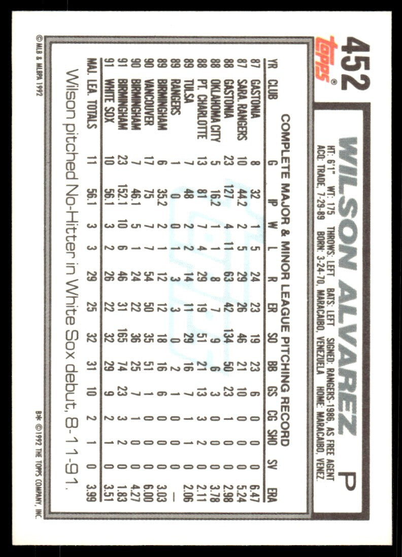 1992 Topps Baseball Card Wilson Alvarez Chicago White Sox #452