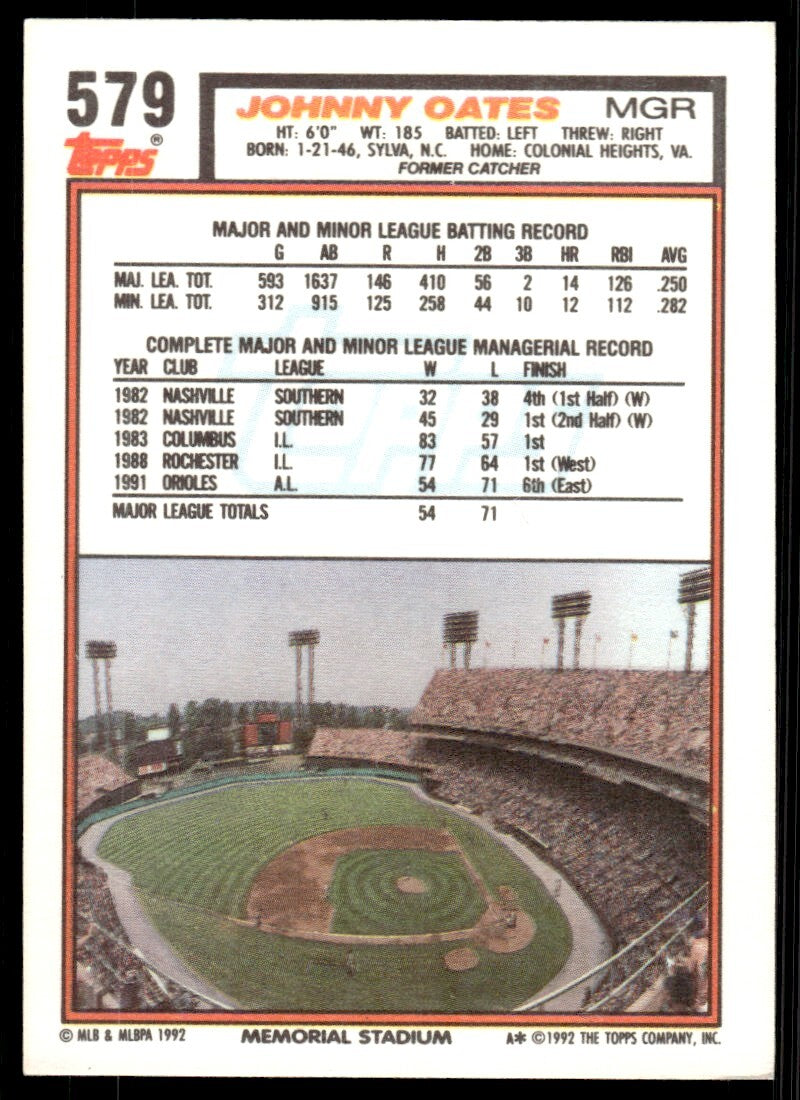 1992 Topps Baseball Card Johnny Oates Baltimore Orioles #579