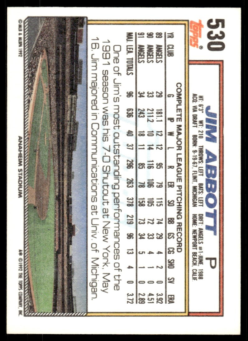 1992 Topps Baseball Card Jim Abbott California Angels #530