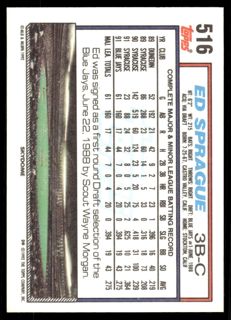 1992 Topps Baseball Card Ed Sprague Toronto Blue Jays #516