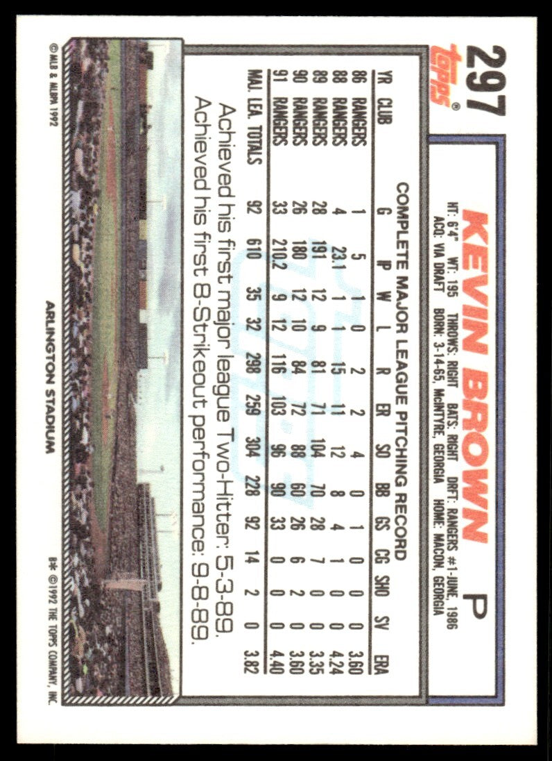 1992 Topps Baseball Card Kevin Brown Texas Rangers #297