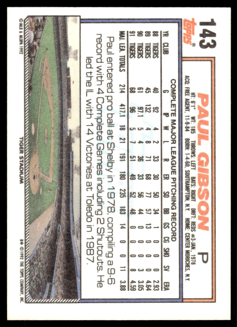 1992 Topps Baseball Card Paul Gibson Detroit Tigers #143