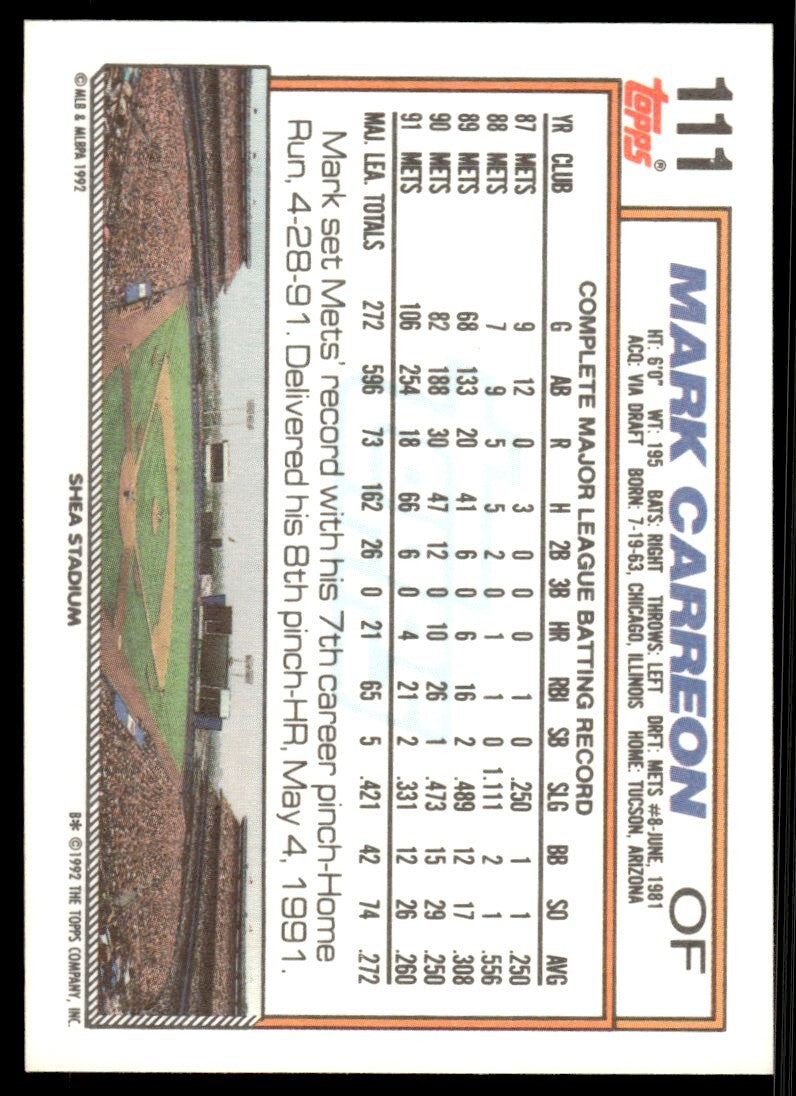 1992 Topps Baseball Card Mark Carreon New York Mets #111