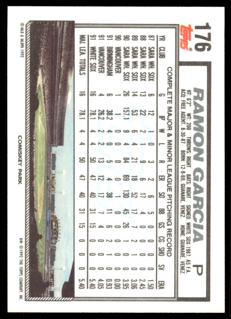 1992 Topps Baseball Card Ramon Garcia Chicago White Sox #176