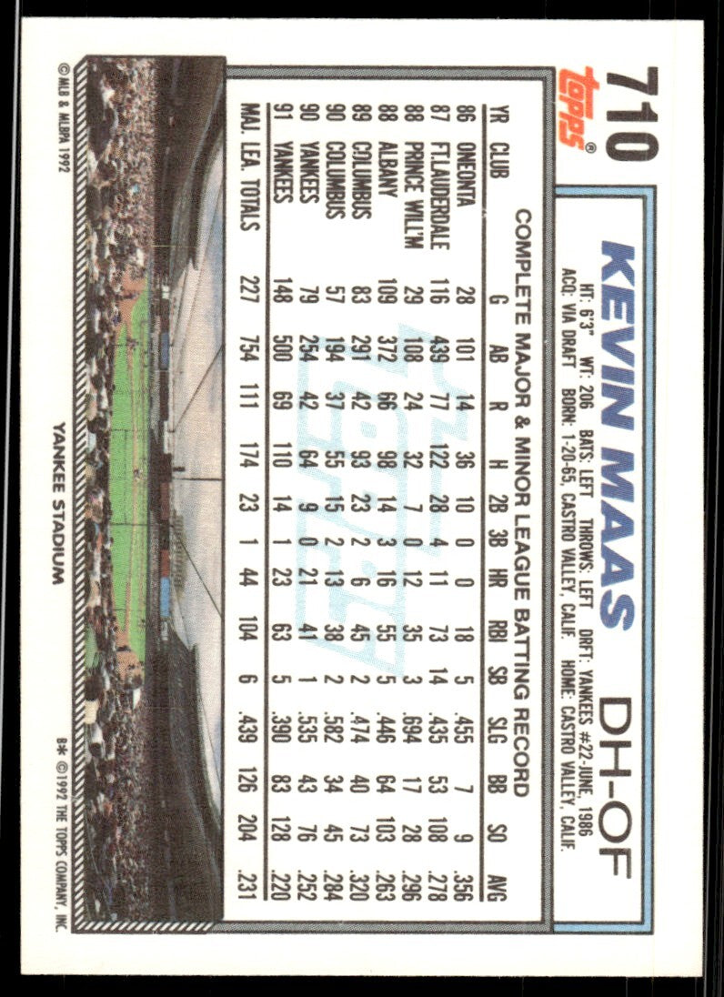 1992 Topps Kevin Maas Baseball Card A New York Yankees #710