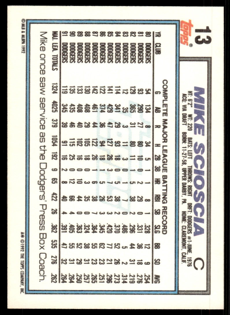 1992 Topps Mike Scioscia Baseball Card Los Angeles Dodgers #13