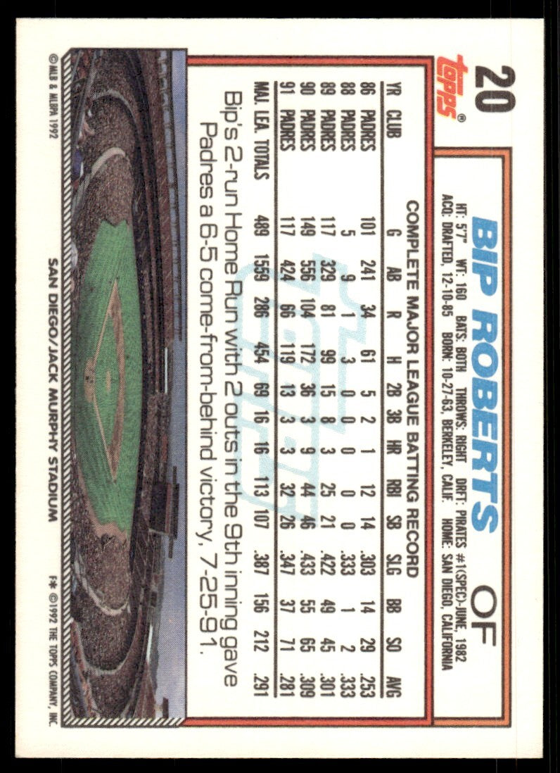 1992 Topps Bip Roberts Baseball Card San Diego Padres #20
