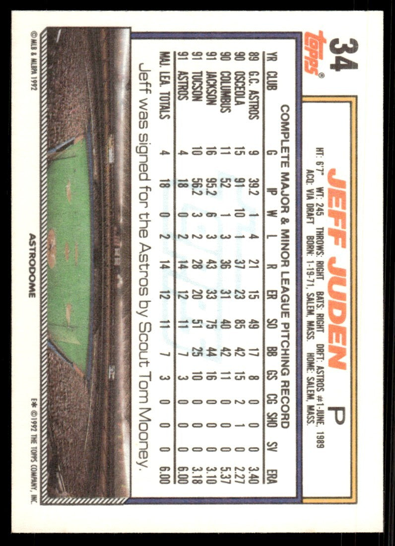 1992 Topps Jeff Juden Baseball Card Houston Astros #34