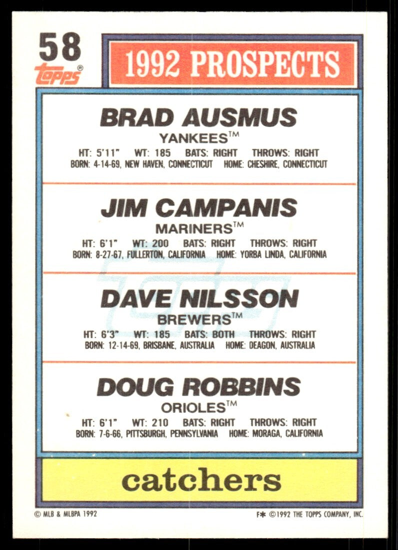 1992 Topps Brad Ausmus/Jim Campanis/Dave Nilsson/Doug Robbins Rookie Baseball