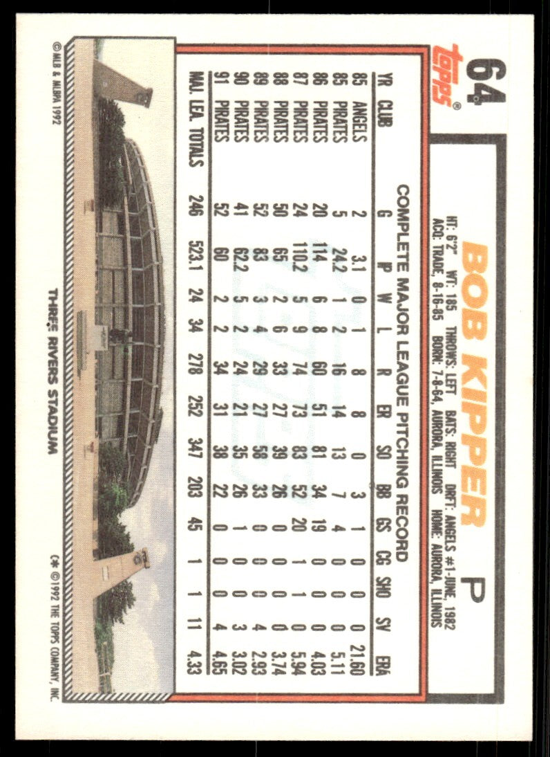 1992 Topps Bob Kipper Baseball Card Pittsburgh Pirates #64