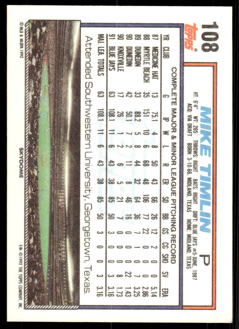 1992 Topps Mike Timlin Baseball Card Toronto Blue Jays #108